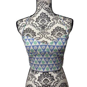Zara S Blue & White Geometric Retro Boho Floral Print Crop Top Y2K